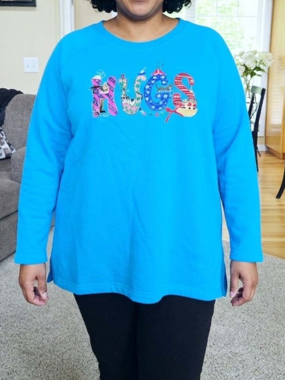 New Quacker Factory sz 3x blue embroidered "Hugs" cat themed sweatshirt